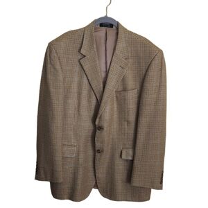 Andrew Fezza 100% Spun Silk Beige Blue Plaid Blazer Size 42R
